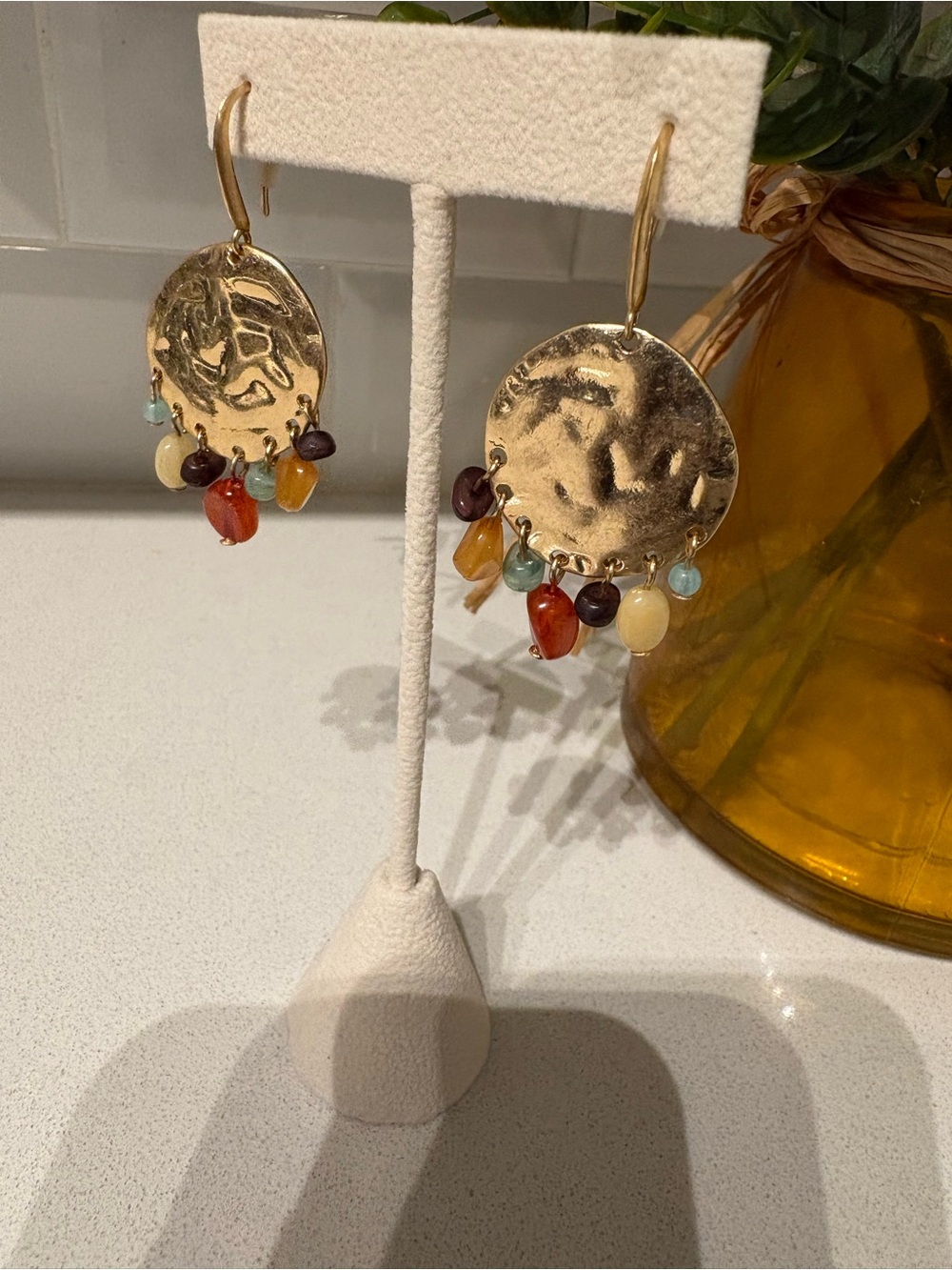 Mango Gold Disc Earrings with Multicolor Bead Drops